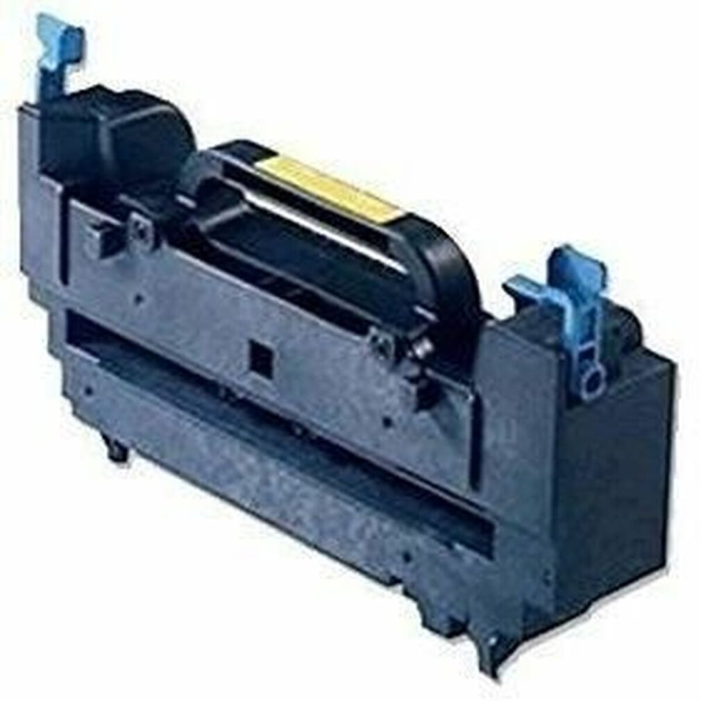 Una cartuccia toner nera con due maniglie blu su sfondo bianco.