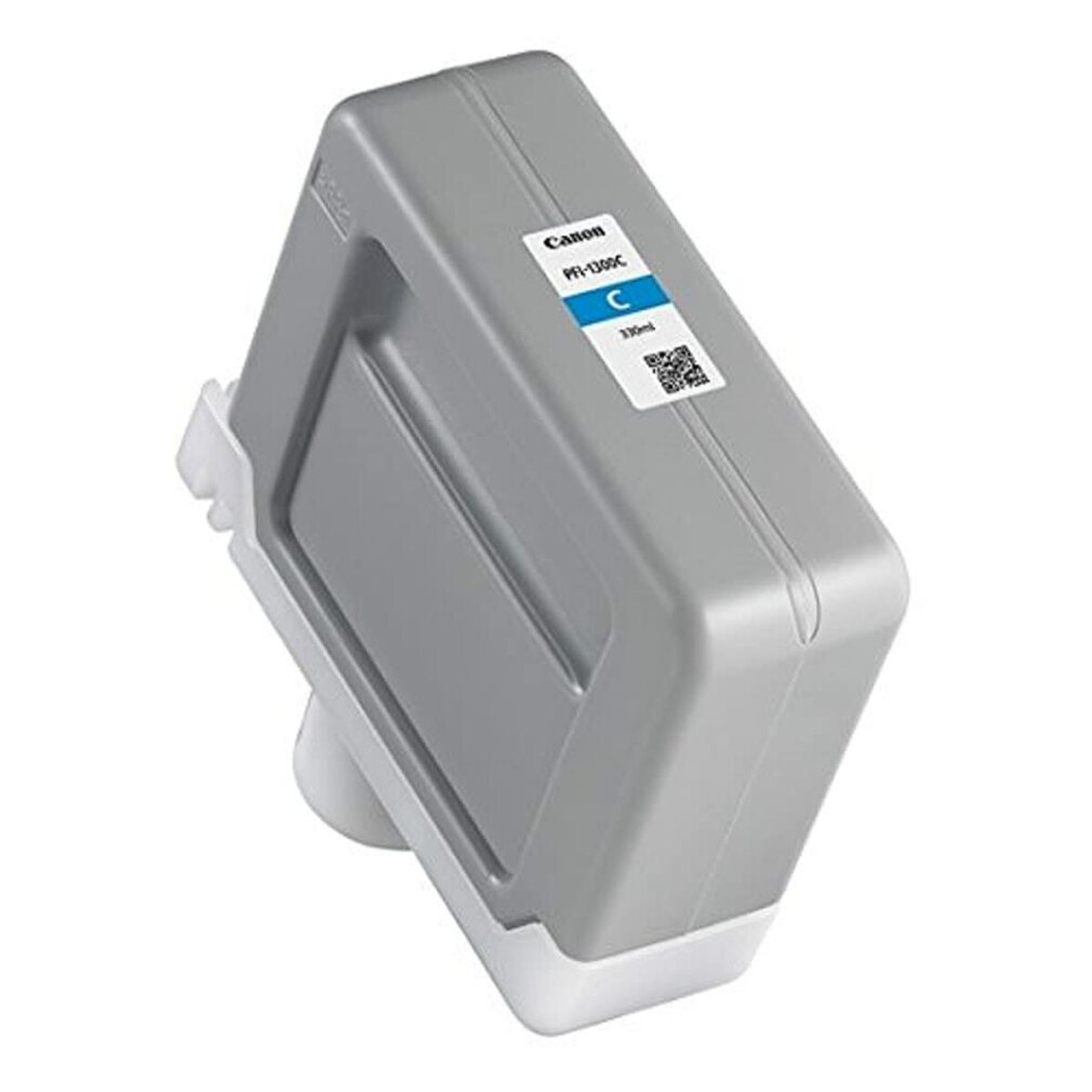 Un serbatoio di inchiostro Canon grigio con supporto bianco e adesivo blu, sfondo bianco.