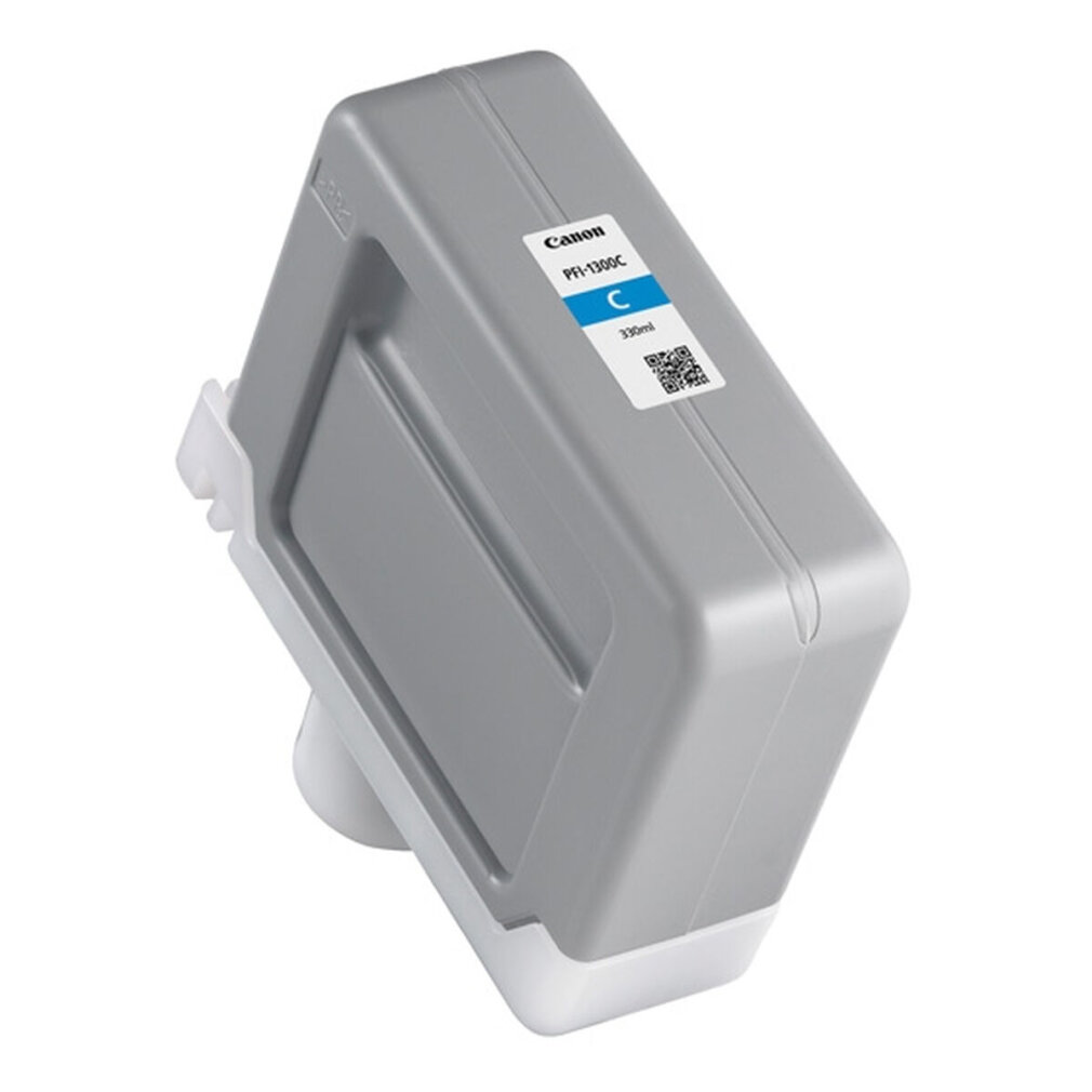 Un serbatoio di inchiostro Canon grigio con supporto bianco, adesivo blu con la lettera 'C', sfondo bianco.