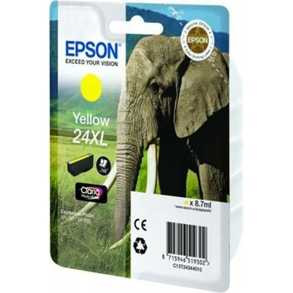 Epson ink cartridge packaging with a yellow circle and elephant image. Green grass in the background.