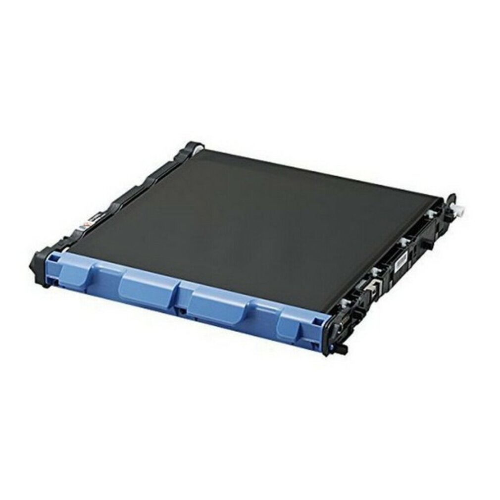 Czarny element drukarki z niebieskimi uchwytami, płasko na białym tle.