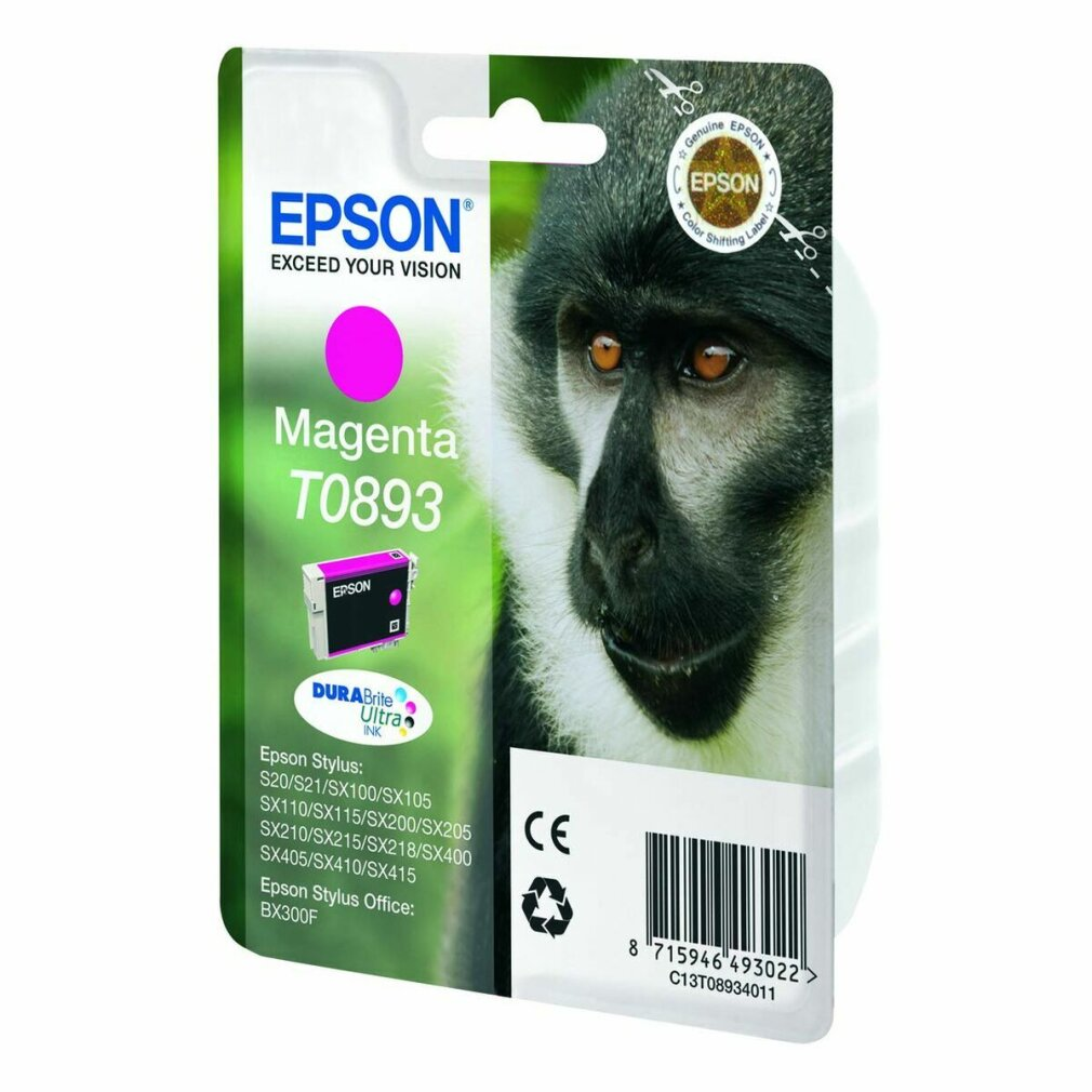 Epson Magenta inktcartridge verpakking met een apenafbeelding.