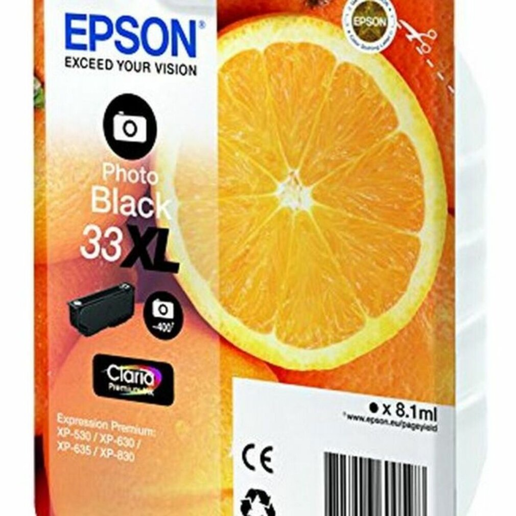 Epson Photo Black Tintenpatronenverpackung mit Orangenscheiben.