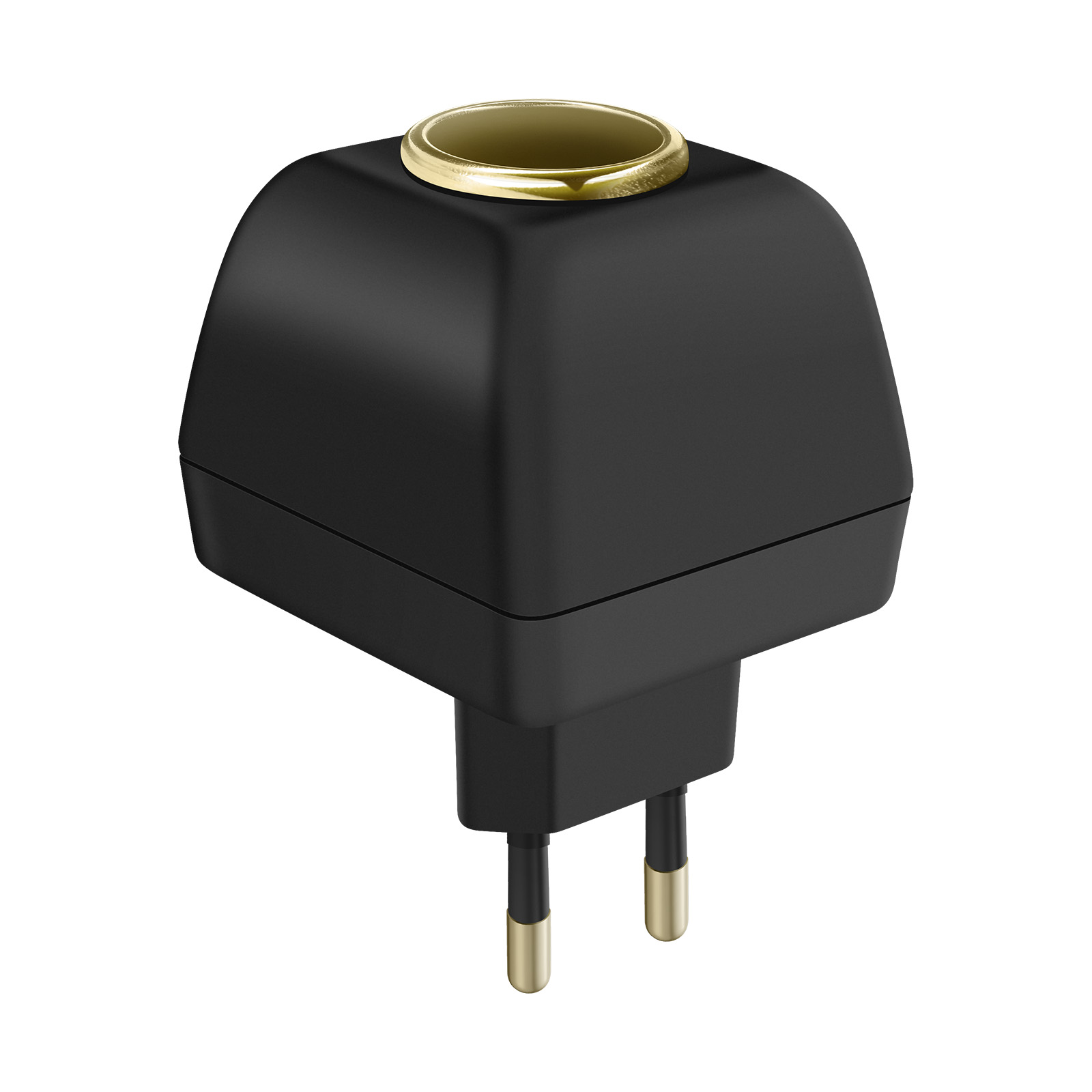 Adattatore nero con anello dorato. Due perni per la spina.