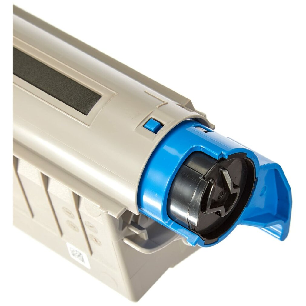 Zbliżenie wkładu do drukarki z niebieskimi i szarymi elementami. Białe tło.