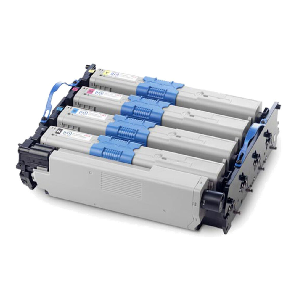 Bir taşıyıcıda dört yazıcı toner kartuşu. Kartuşlar gri, mavi ve pembe vurgulara sahip.