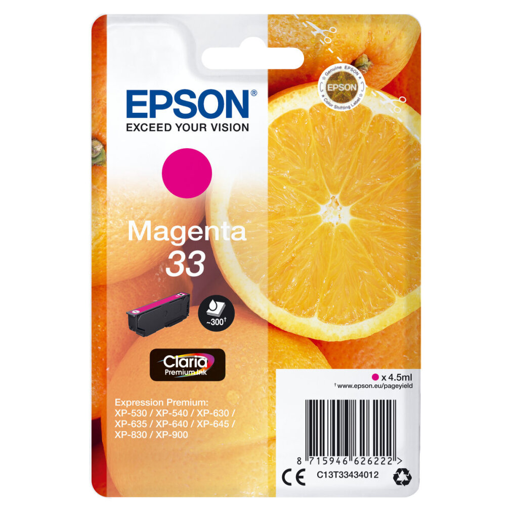 Un emballage de cartouche d'encre Epson Magenta avec des oranges en arrière-plan. L'emballage est bleu et magenta.