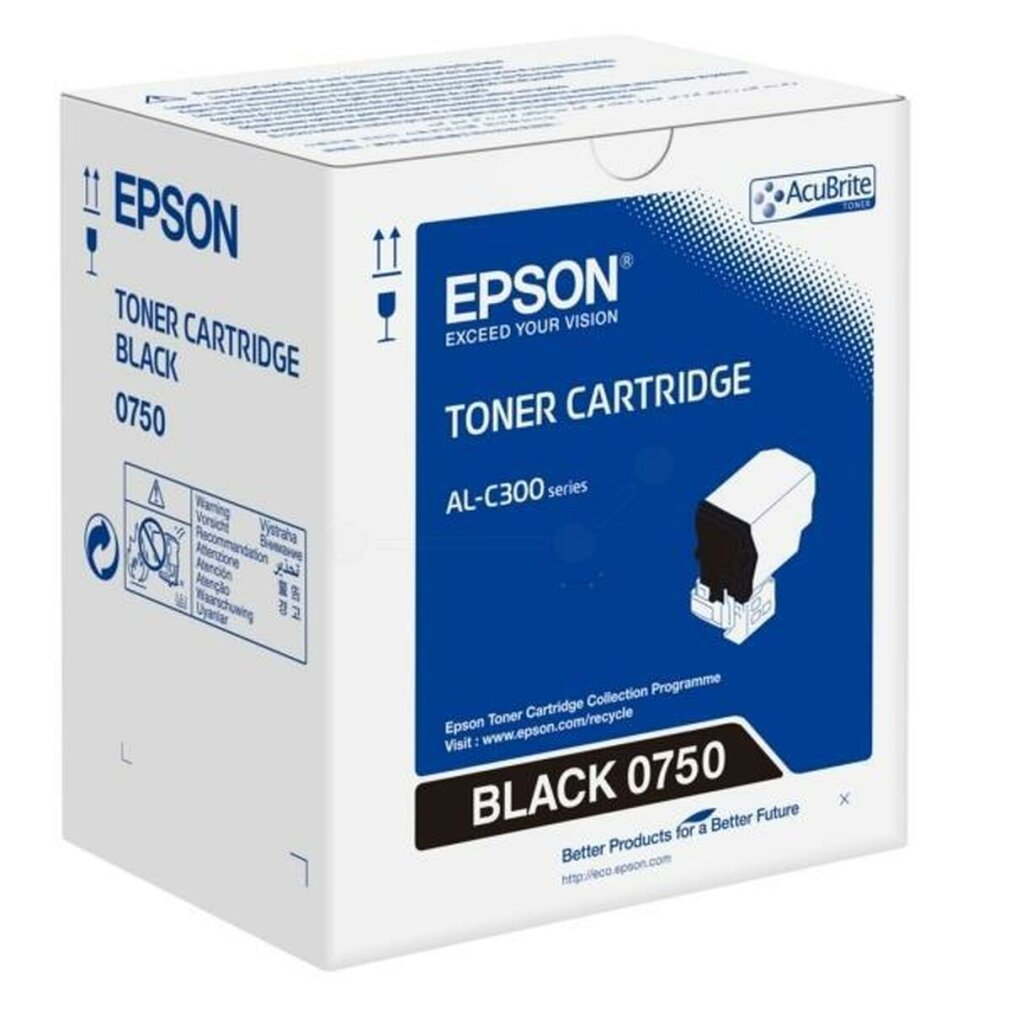 Scatola cartuccia toner Epson, bianca e blu. Mostra dettagli prodotto, logo Epson e immagine della cartuccia.