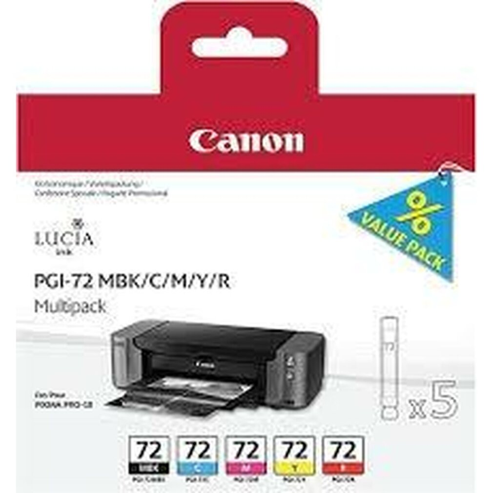 Multipack de tinta Canon con gráfico de impresora, incluye cartuchos. Embalaje rojo y blanco. Triángulo 'Value Pack'.