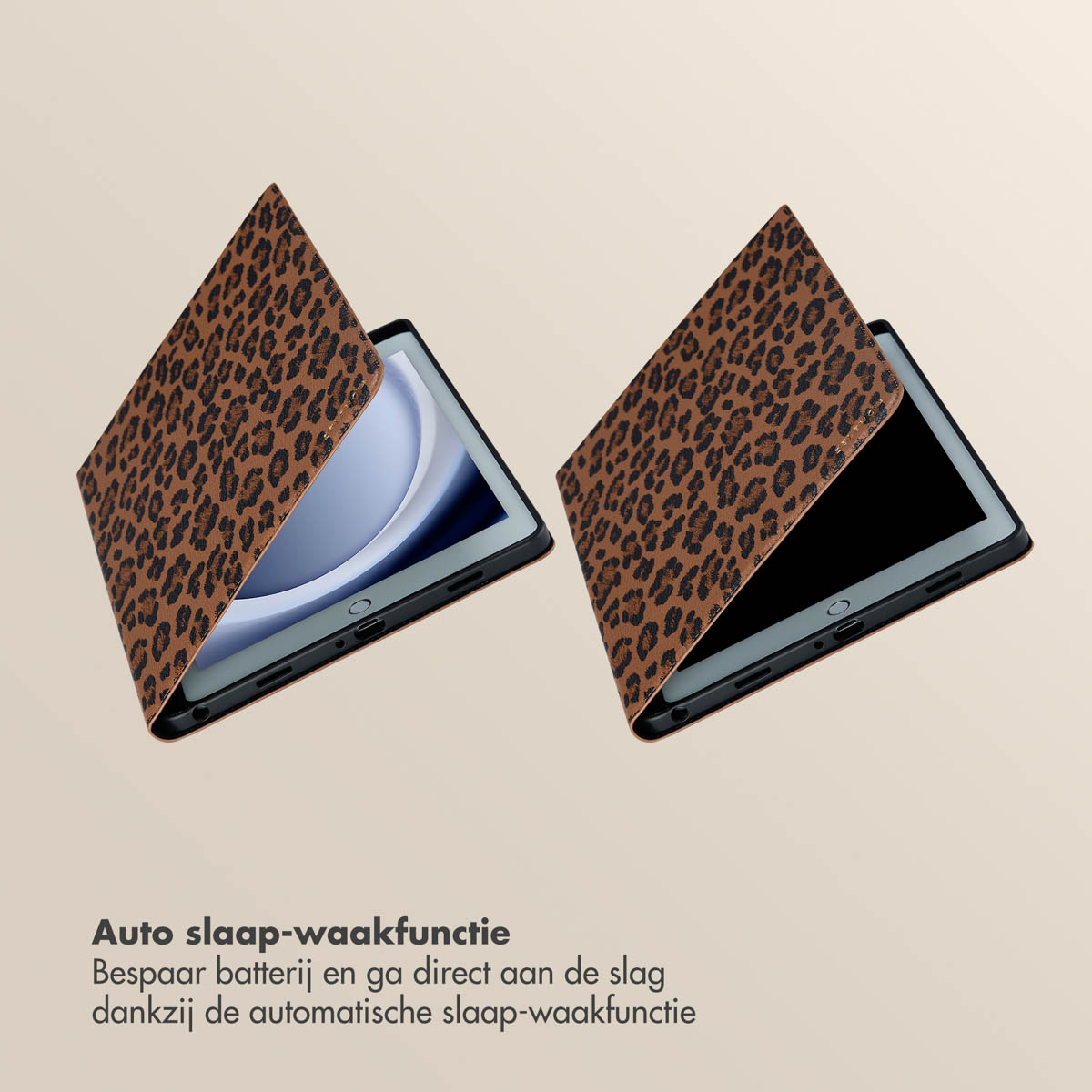 Two tablet cases with a leopard print. One is open and one is closed. The cases are brown.