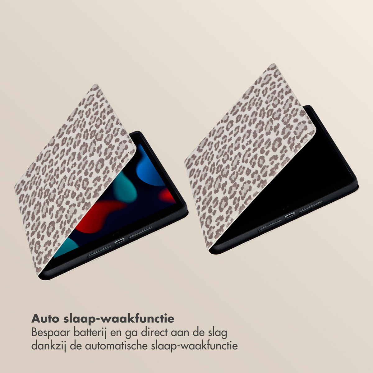Two tablet cases, leopard print. One open, one closed. The cases are white with brown spots.