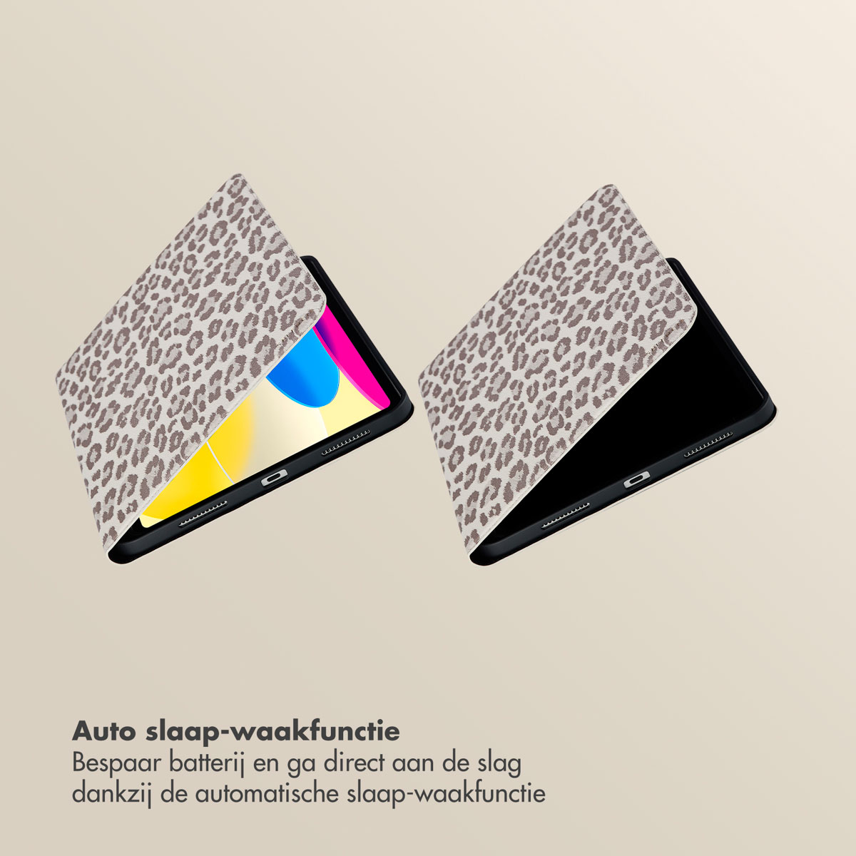 Two tablets with leopard print cases, one open showing a colorful screen, against a light beige background.