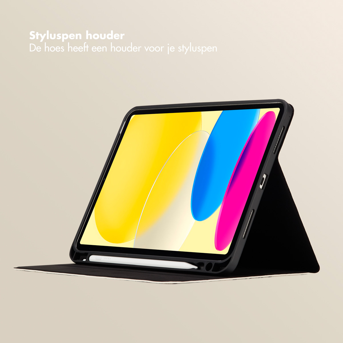 Tablet in a black case with a stylus. The tablet is propped open. Background is a light color.