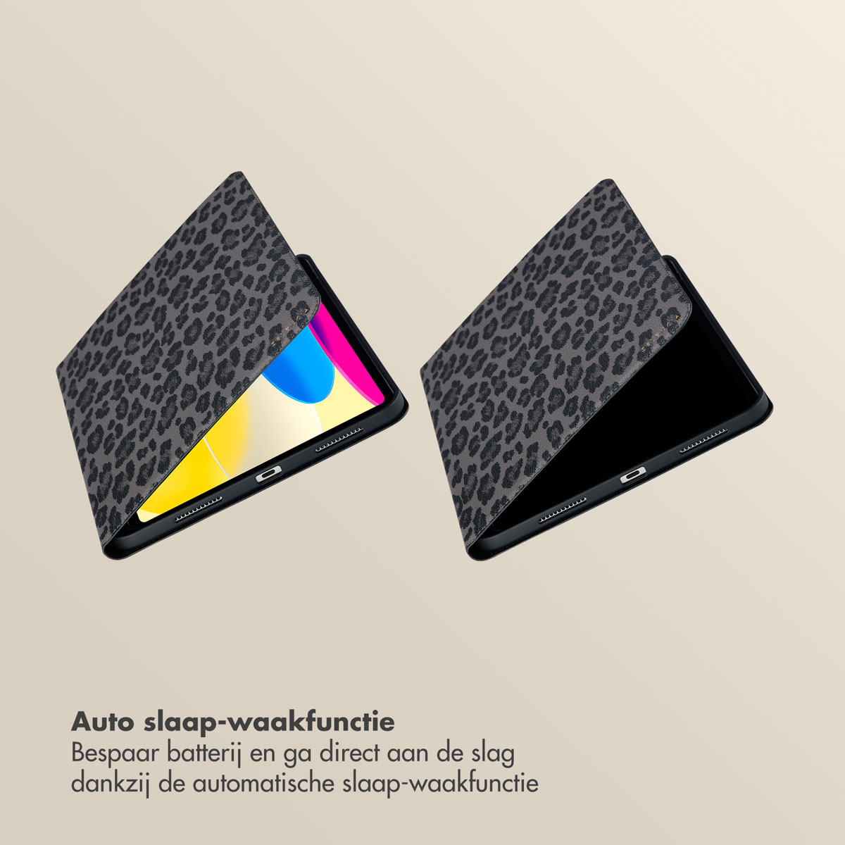 Two tablet cases with a leopard print are open. Text says: 'Auto sleep-wake function'. The cases are on a beige background.