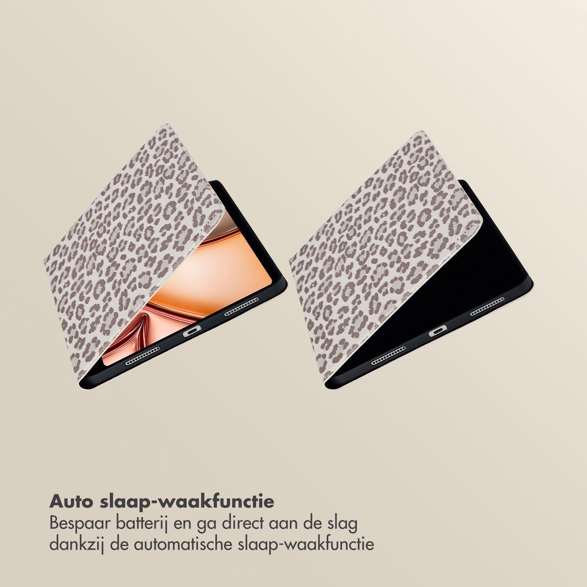 Two tablets with leopard print cases, one open showing a colorful screen, against a light beige background.