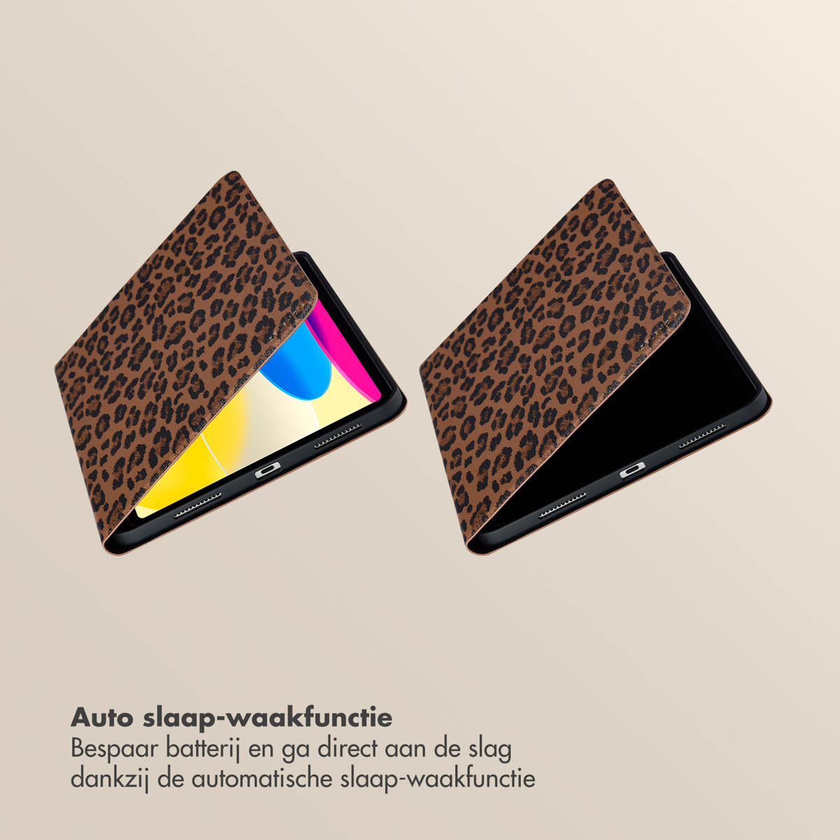 Two tablet cases with a leopard print are open. Text says: 'Auto sleep-wake function'. The cases are on a beige background.