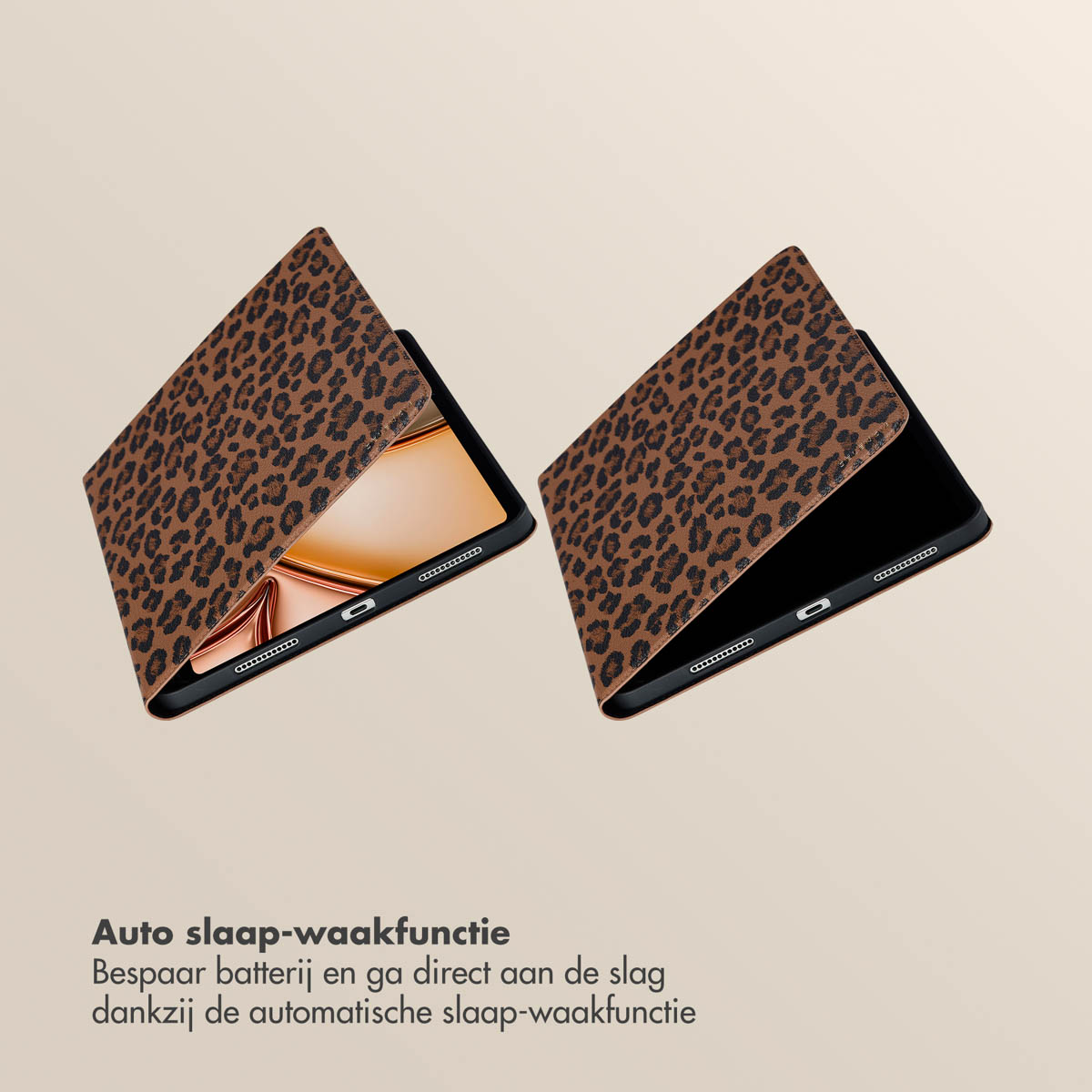 Two tablet cases with a leopard print. One is open and one is closed. The cases are brown.
