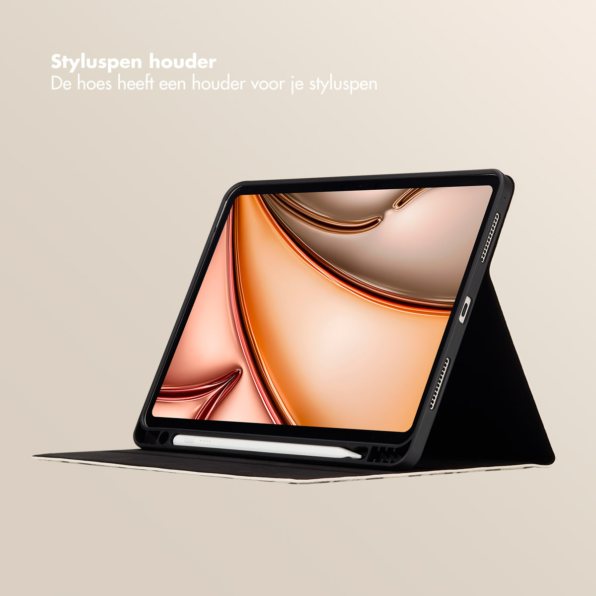 A tablet is in an open case with a stylus. Text at the top says 'Styluspen holder'. Beige background.
