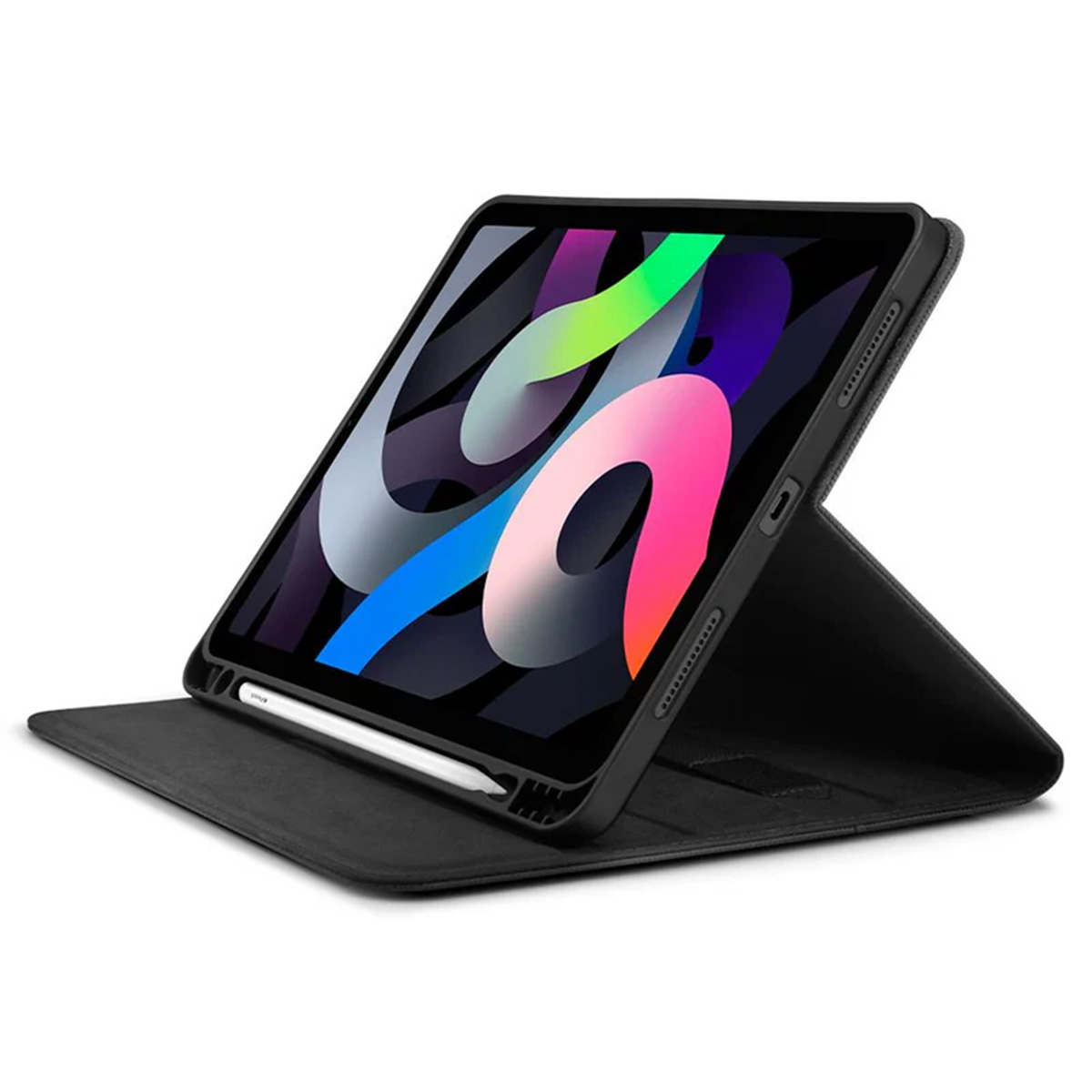 A black tablet with a stylus is in an open case. The screen shows a colorful abstract design. White background.