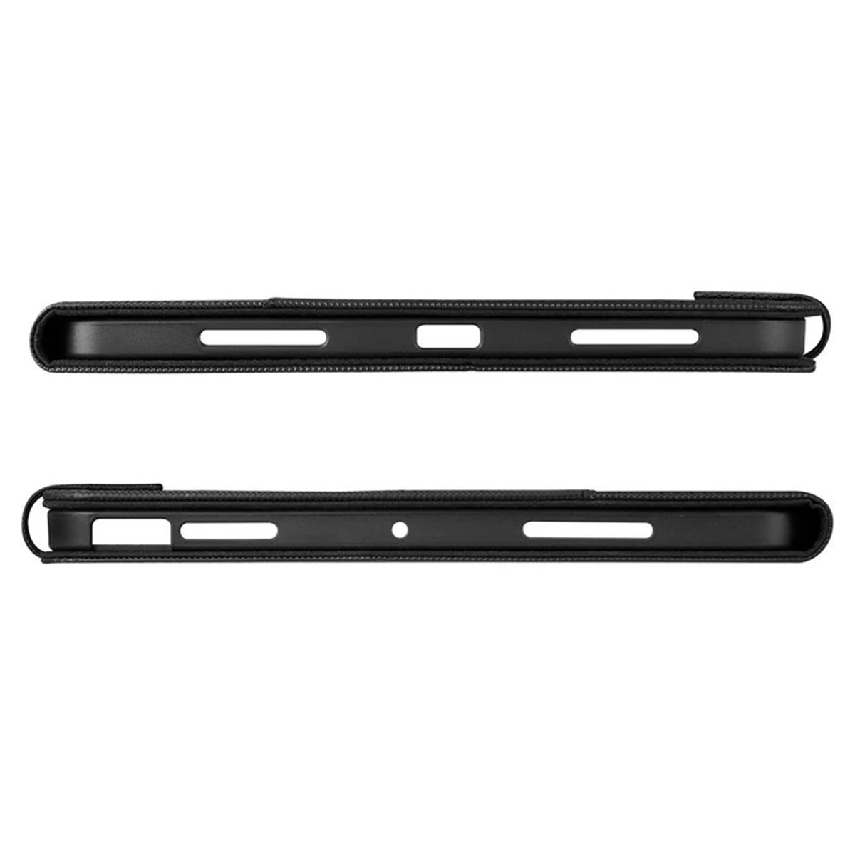 A close-up of the top and bottom edges of a black tablet case. There are holes and a slot.