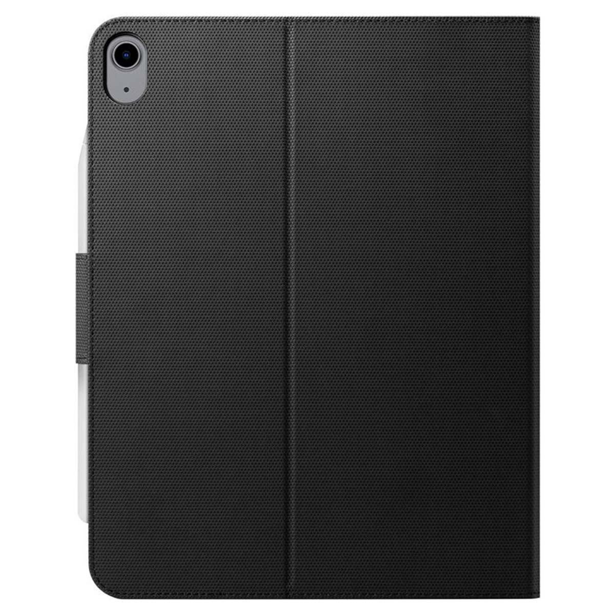 A black tablet is closed, with a stylus attached. The case is textured, and the background is white.
