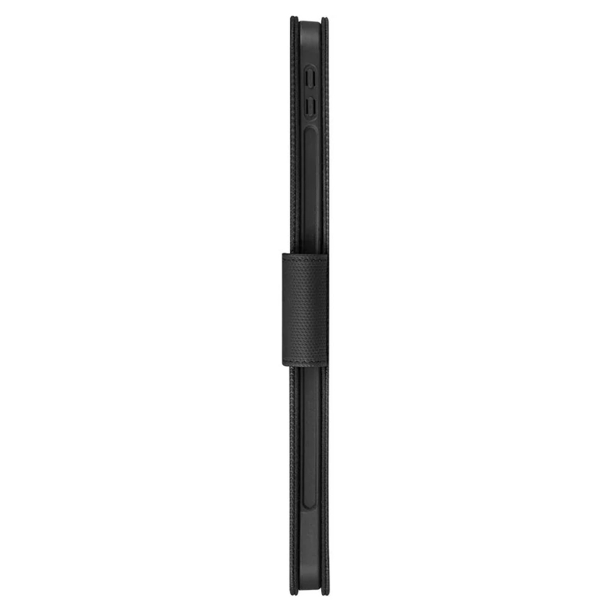 A black tablet case closed. The side view is shown. There is a strap and stitching visible.
