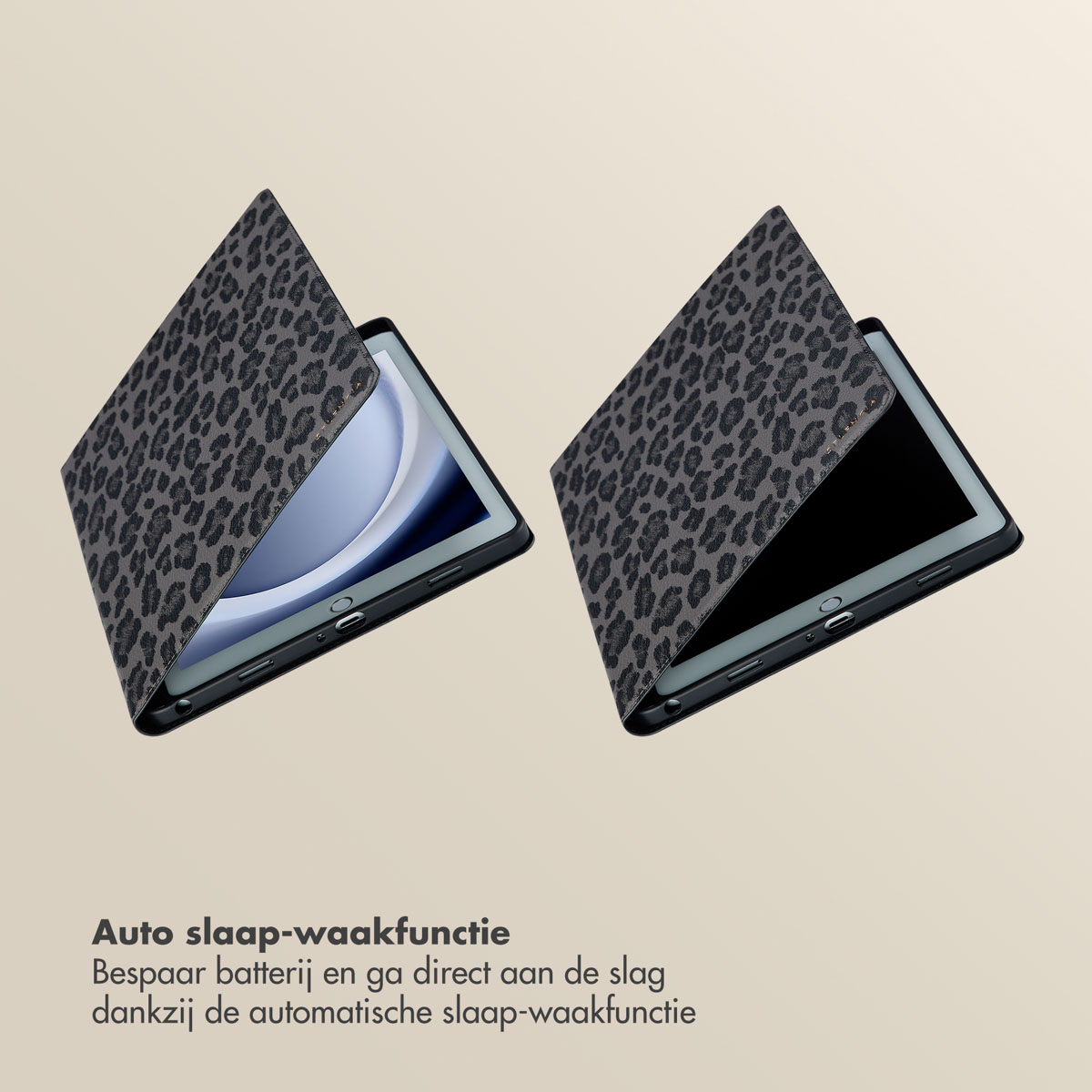 Two tablet cases with a leopard print. One is open, one is closed. The cases are gray.