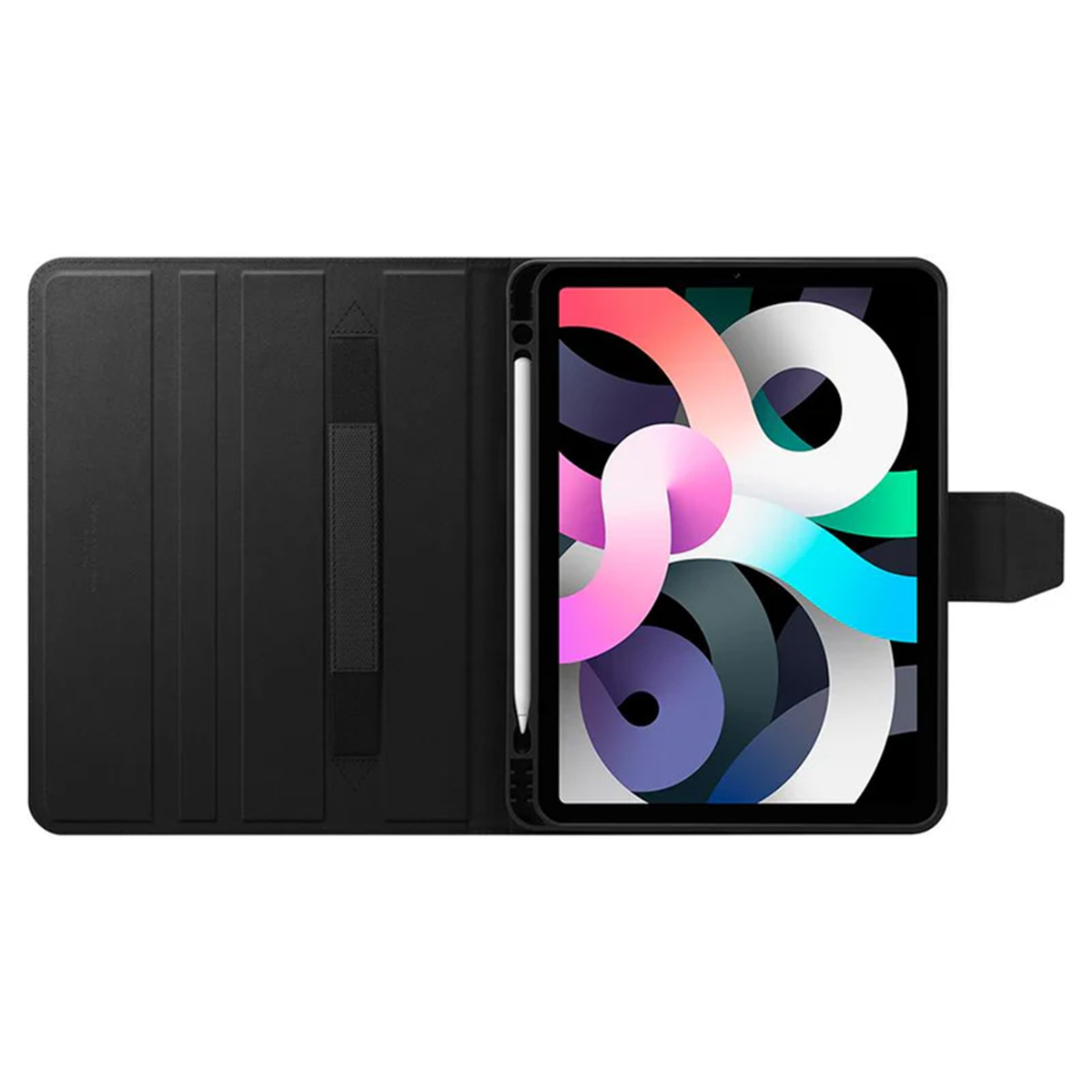 Black tablet case with open display, colorful graphic, and a white stylus. Background is white.