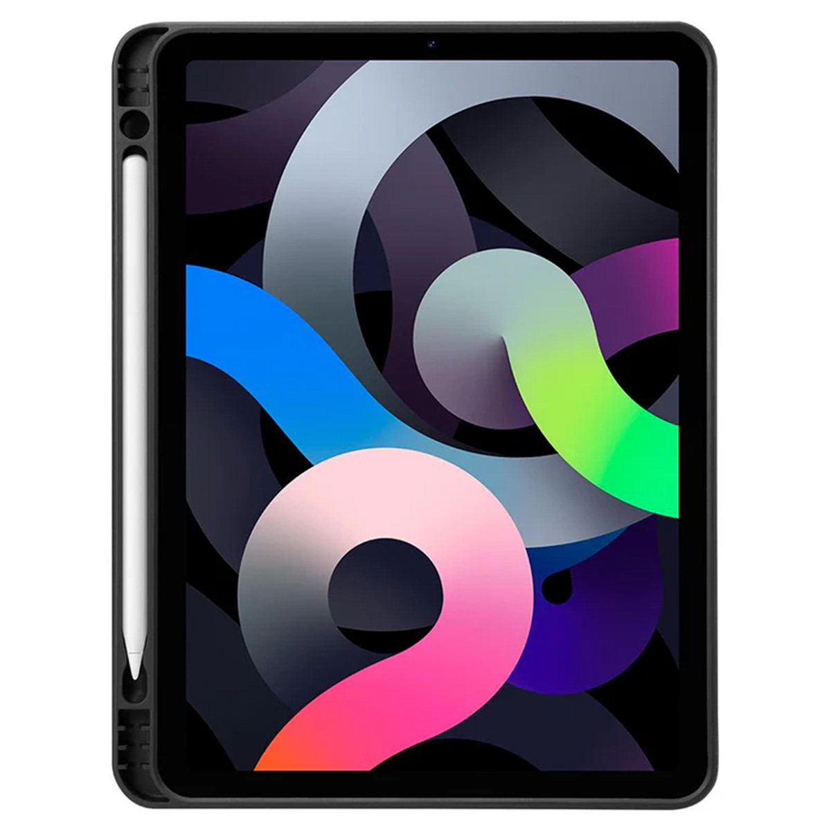 A black tablet in a case, with a stylus. The tablet's screen displays a colorful abstract design. White background.