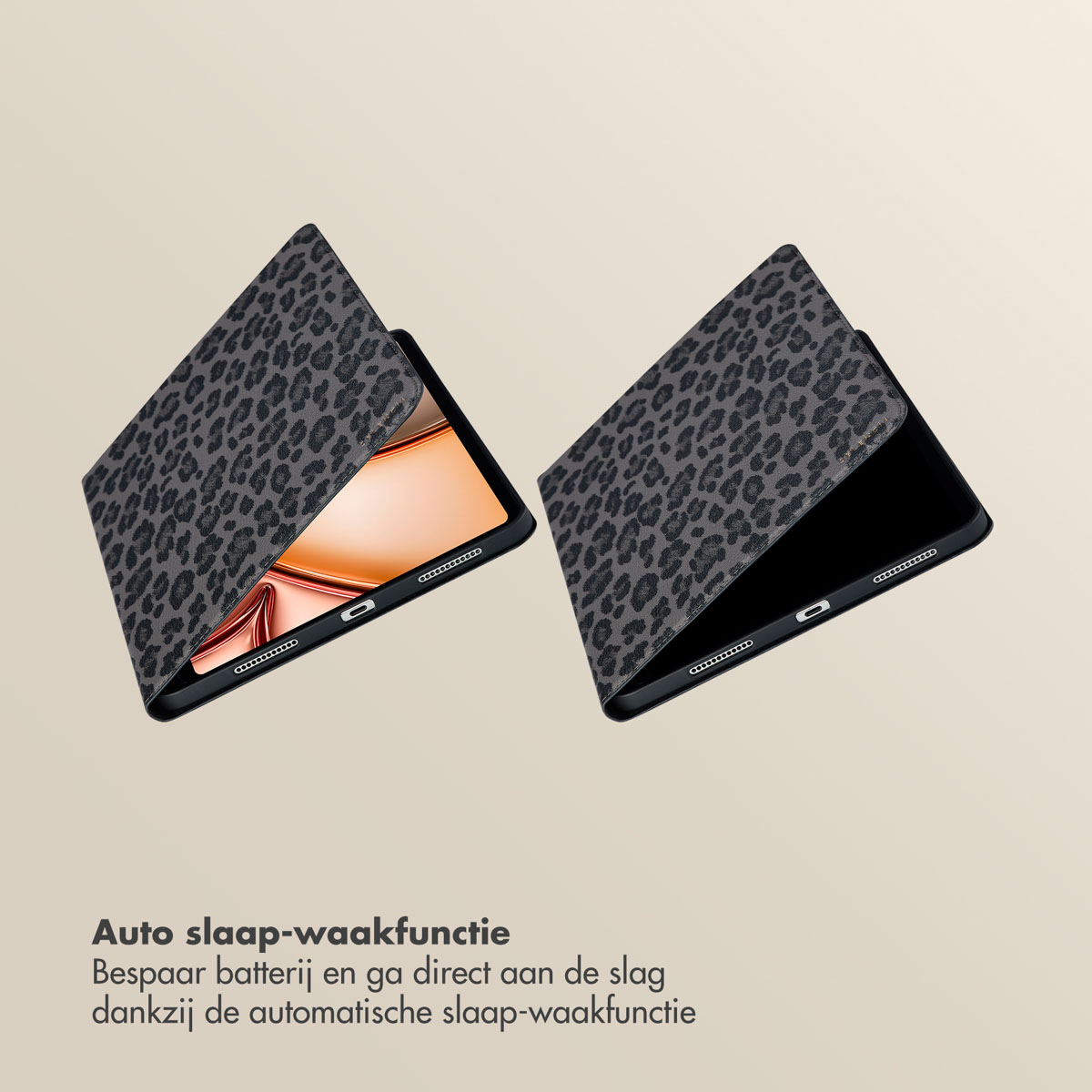 Two tablet cases with a leopard print. One is open and one is closed. The cases are gray.