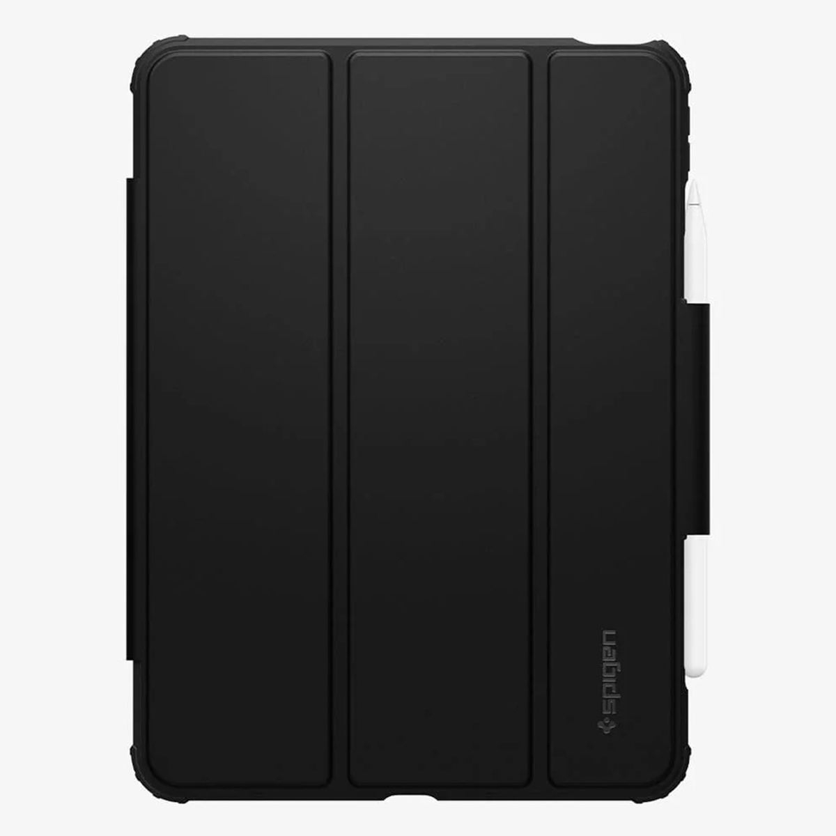 Étui de tablette noir, fermé, avec porte-stylet. L'étui est fermé et a un design de couleur unie simple.