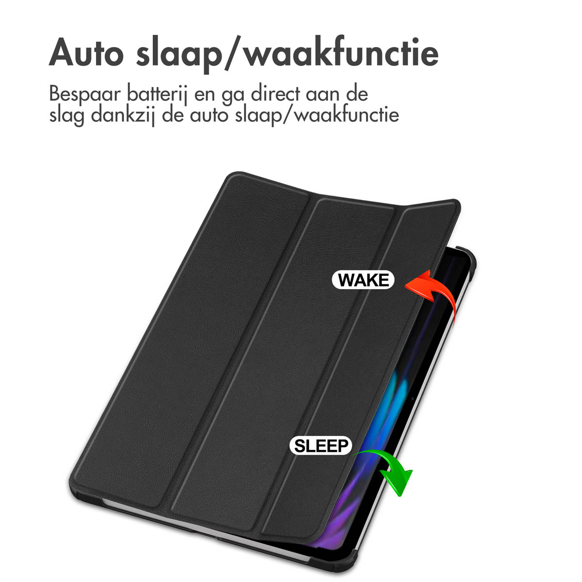 A black tablet case is open, showing the screen. Red and green arrows point to the screen.