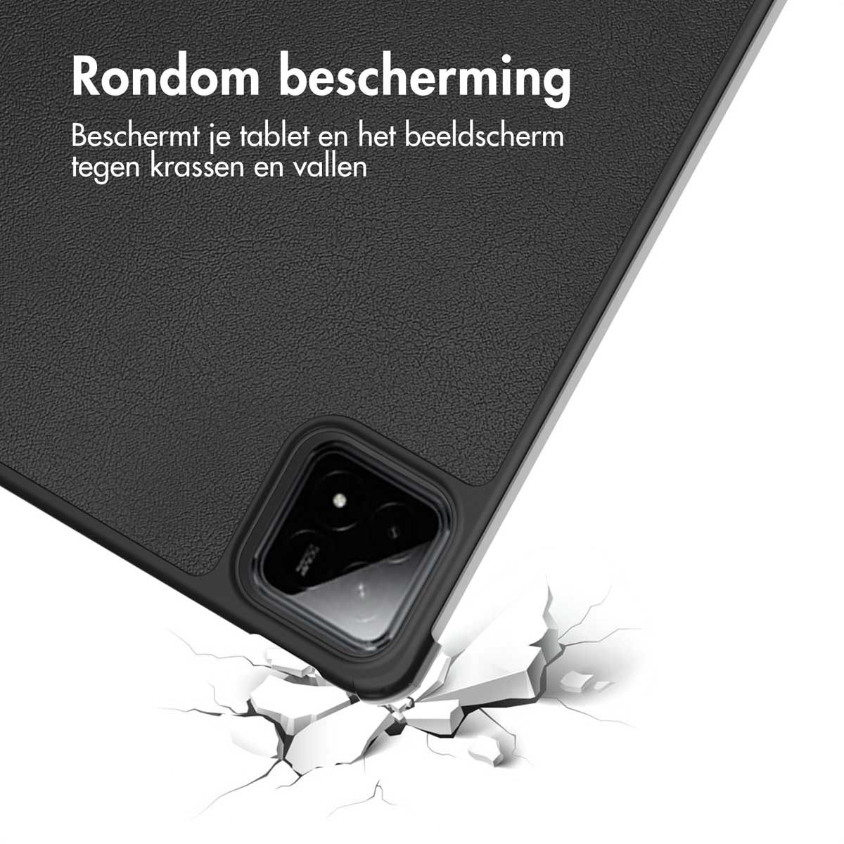 Black tablet case. A corner is breaking as if dropped. The background is white.