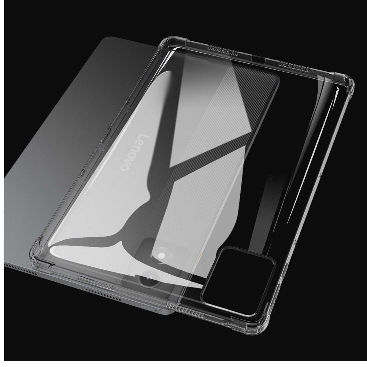 Clear case on a tablet. The Lenovo logo is visible. The background is dark.