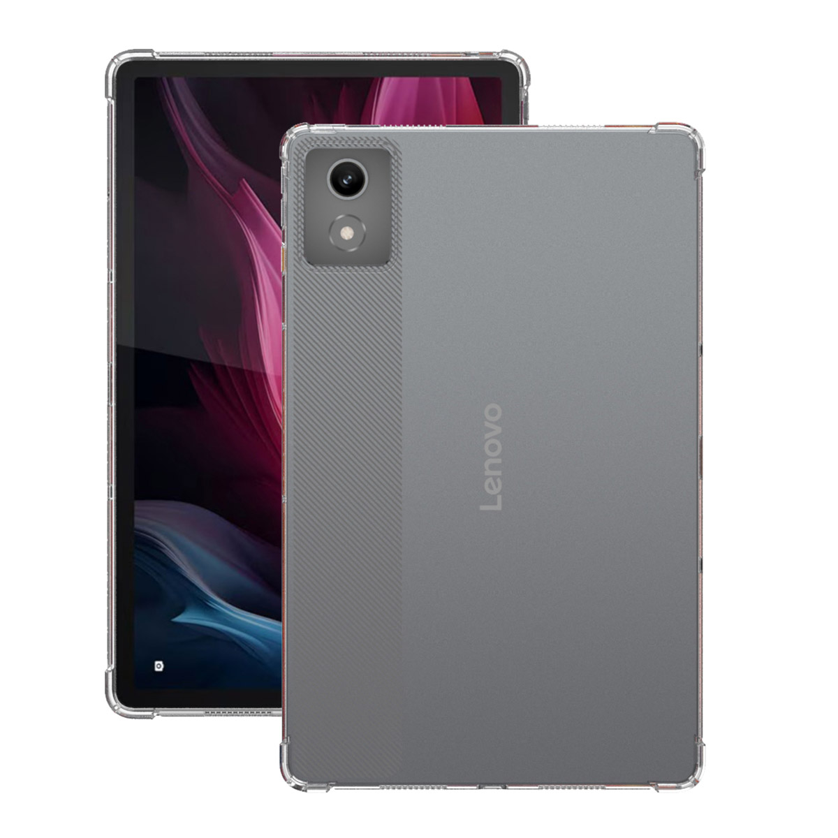 Two gray tablets side by side. One has a clear case. The back of another has Lenovo branding.
