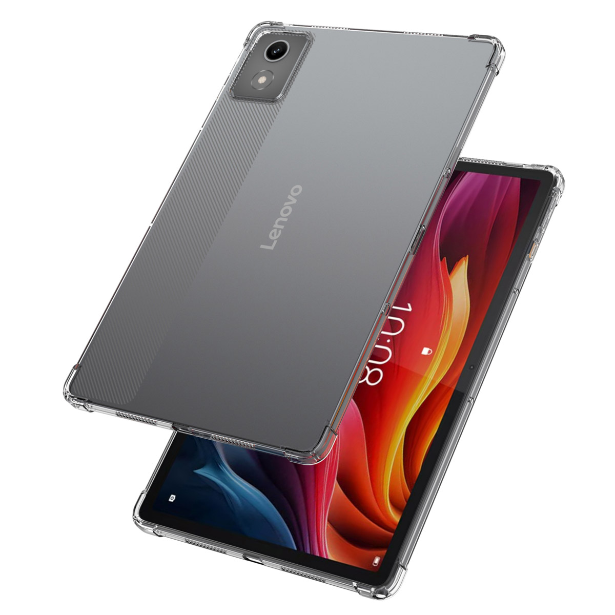 Two tablets in cases. One is on top, showing the Lenovo logo. The other below shows the time.