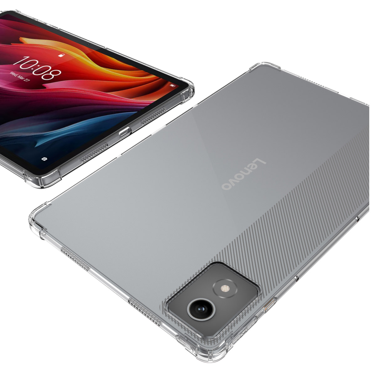 Two tablets. One shows the time. The other is covered in a clear case. The background is white.
