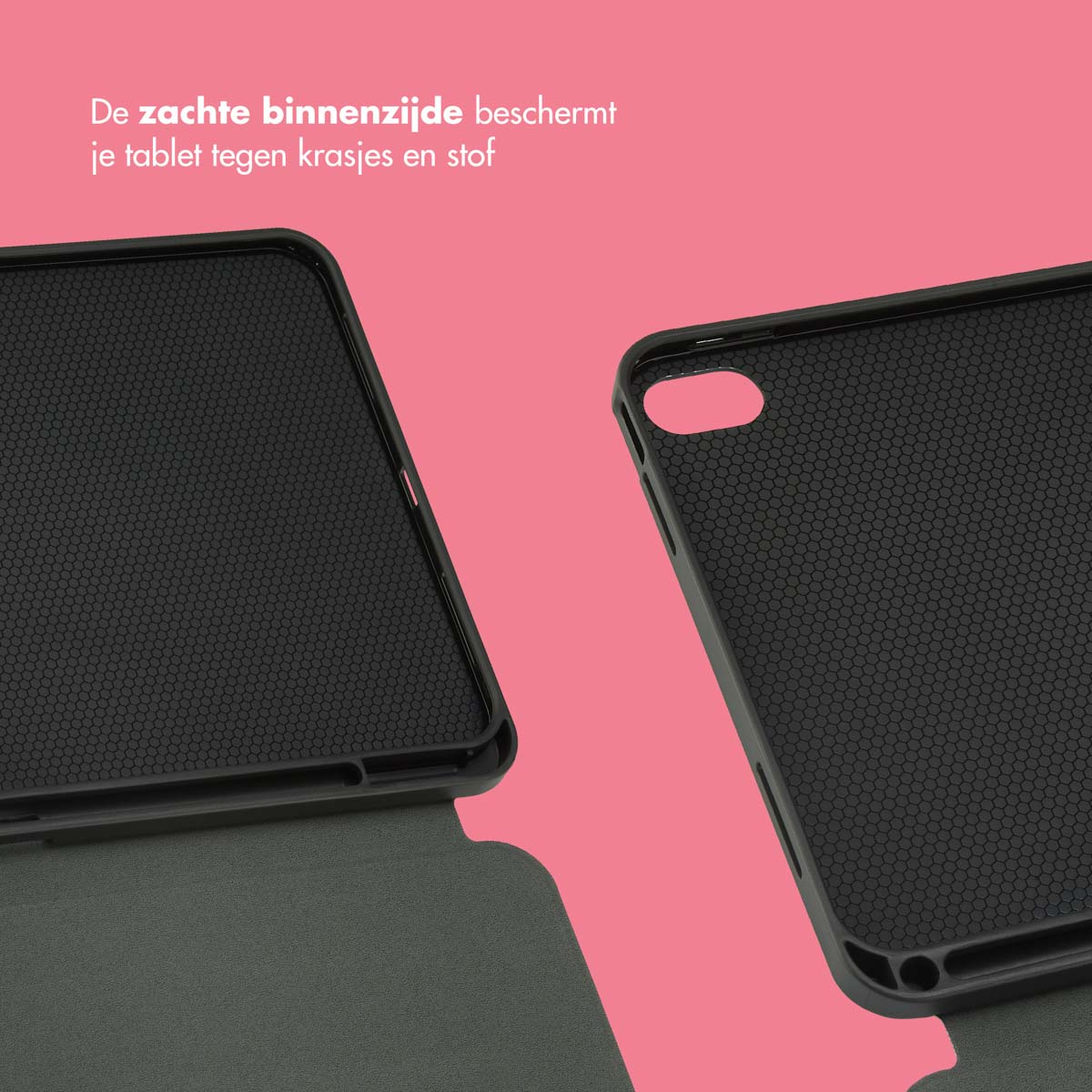 Twee delen van een tablethoes, open. De binnenkant is zwart en heeft een honingraatpatroon.