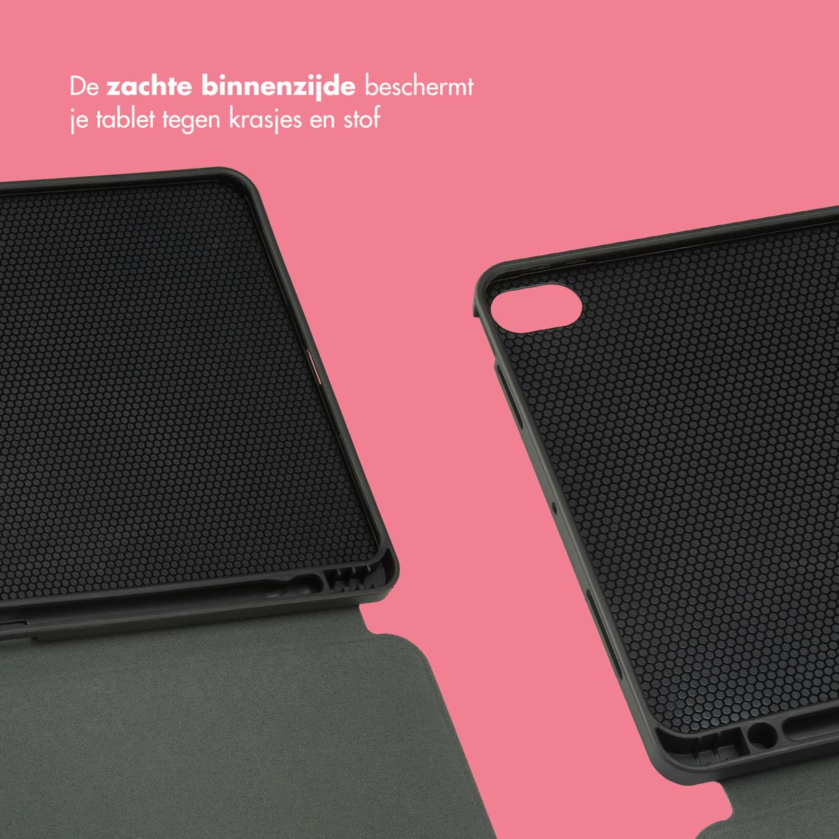 Close-up of two tablet case halves. One shows a dotted pattern, the other, a plain black surface.