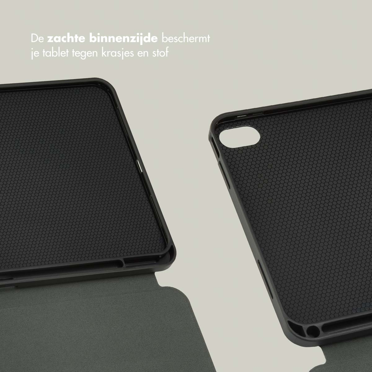 Twee delen van een tablethoes, open. De binnenkant is zwart en heeft een honingraatpatroon.