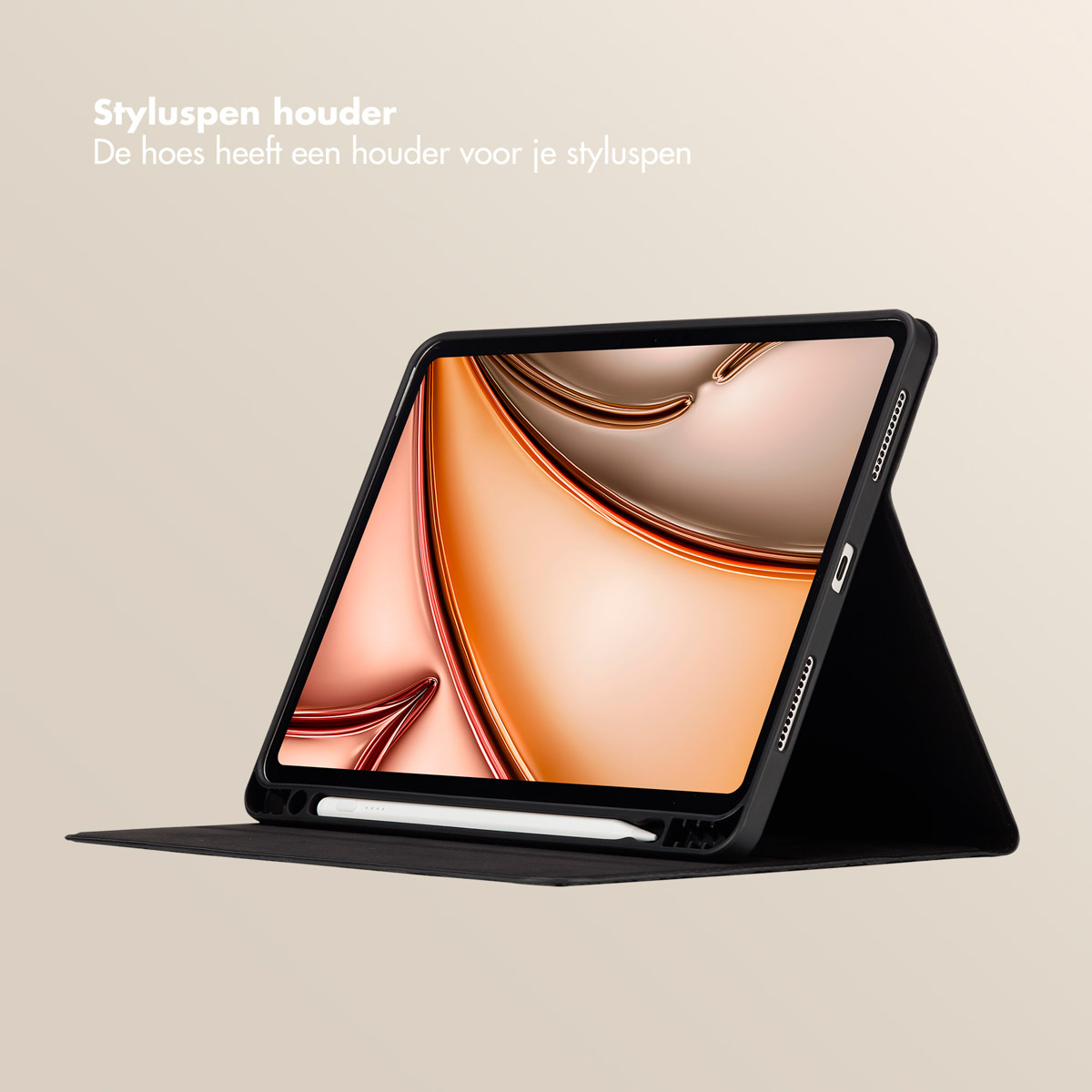 Tablet case with a stylus pen. A white pen is inserted. The background is beige.