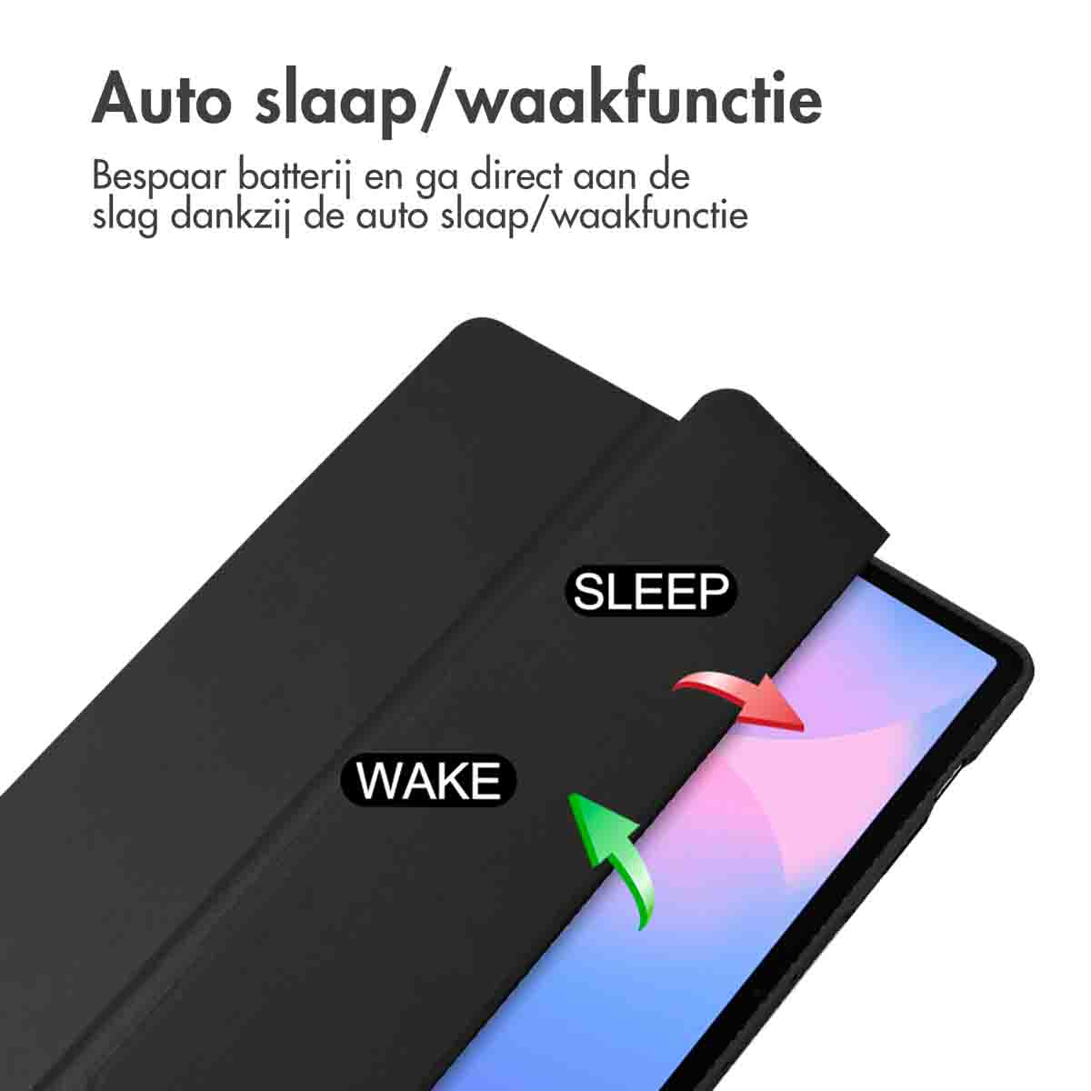 Black tablet case open, showing the screen. Text indicates sleep/wake function.