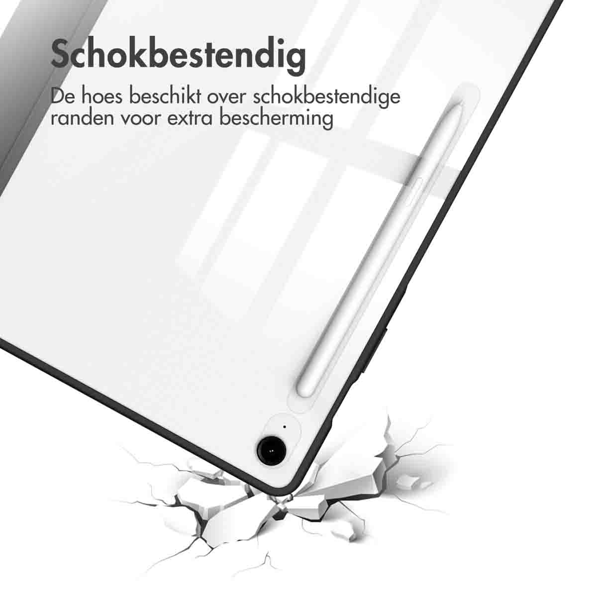Tablet case with a stylus pen. A white pen is inserted. The background is white.