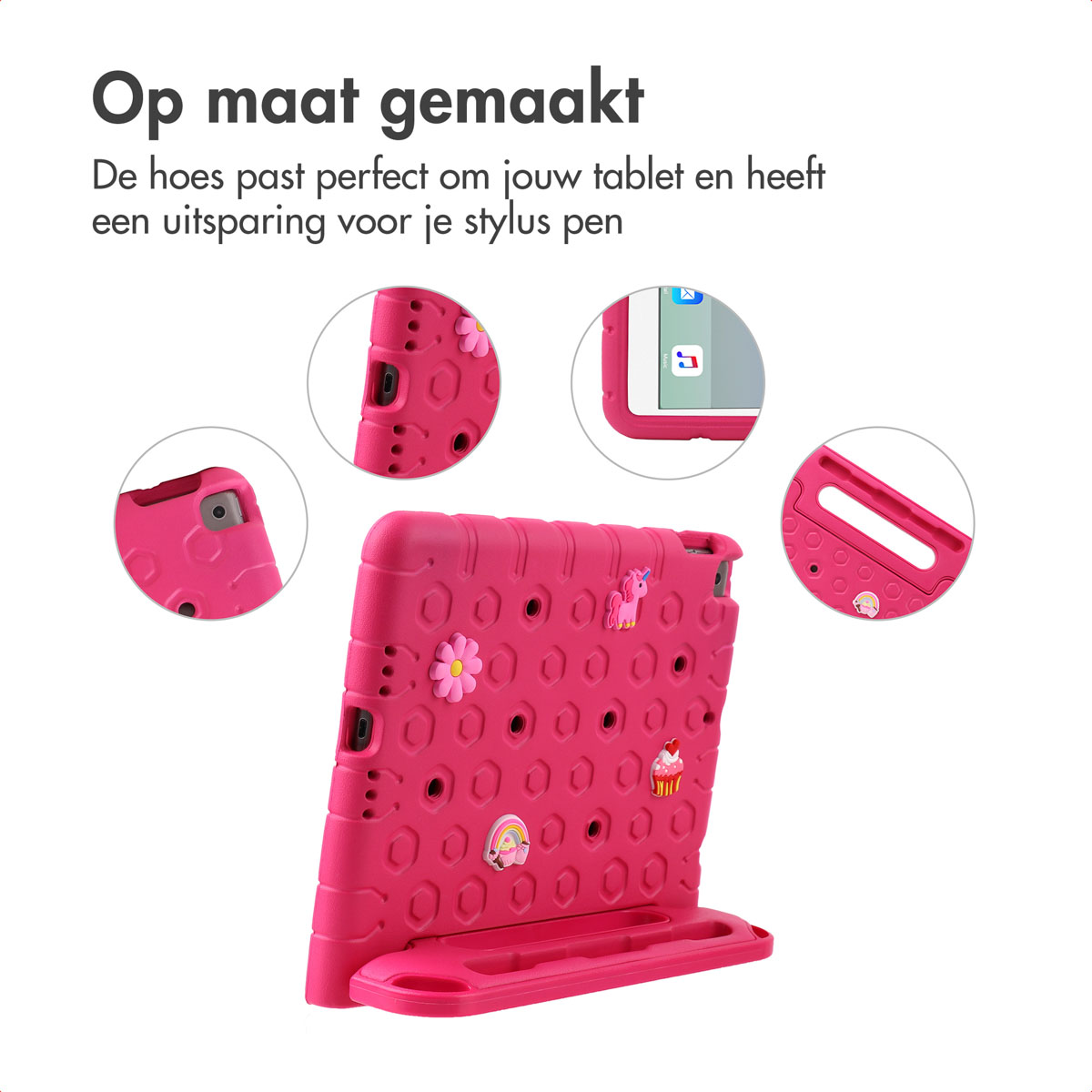 Pink tablet case with pink decorations and cutouts. The background is white.