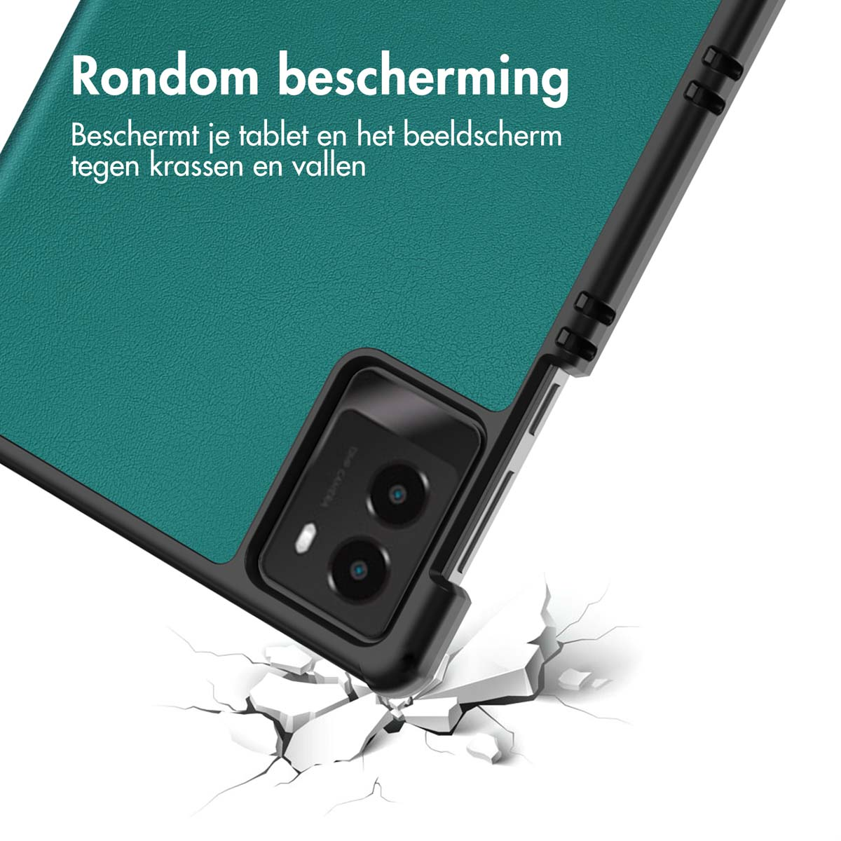 Tabletcover met een blauwgroen oppervlak. De cover ligt over een tablet, en de grond is gebarsten.