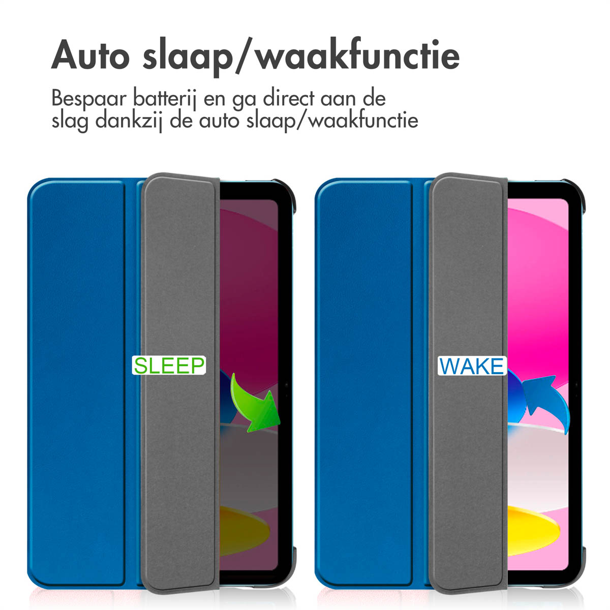 Blauwe tablethoes met slaap/waakfunctie. Toont open hoes met roze scherm, groene en blauwe pijlen.