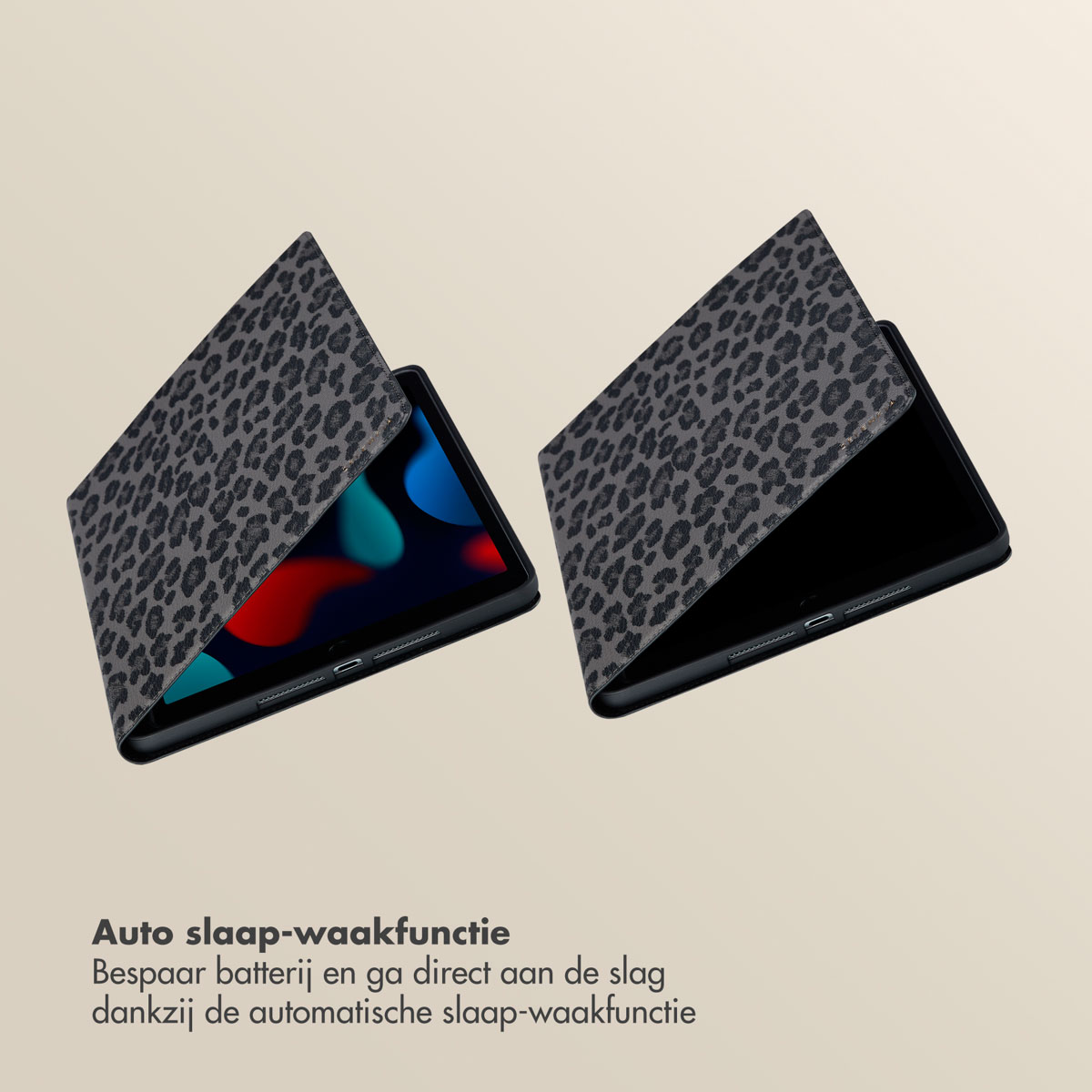 Two tablet cases opened. One shows a leopard print design, the other is black, displaying the screen.
