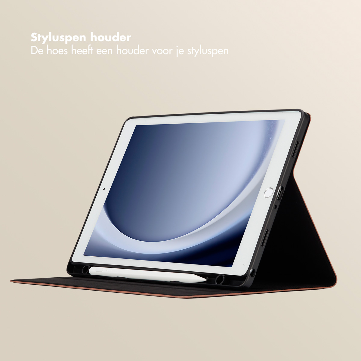 Tablet in a black case with a white stylus. The screen shows a blue and white abstract design.