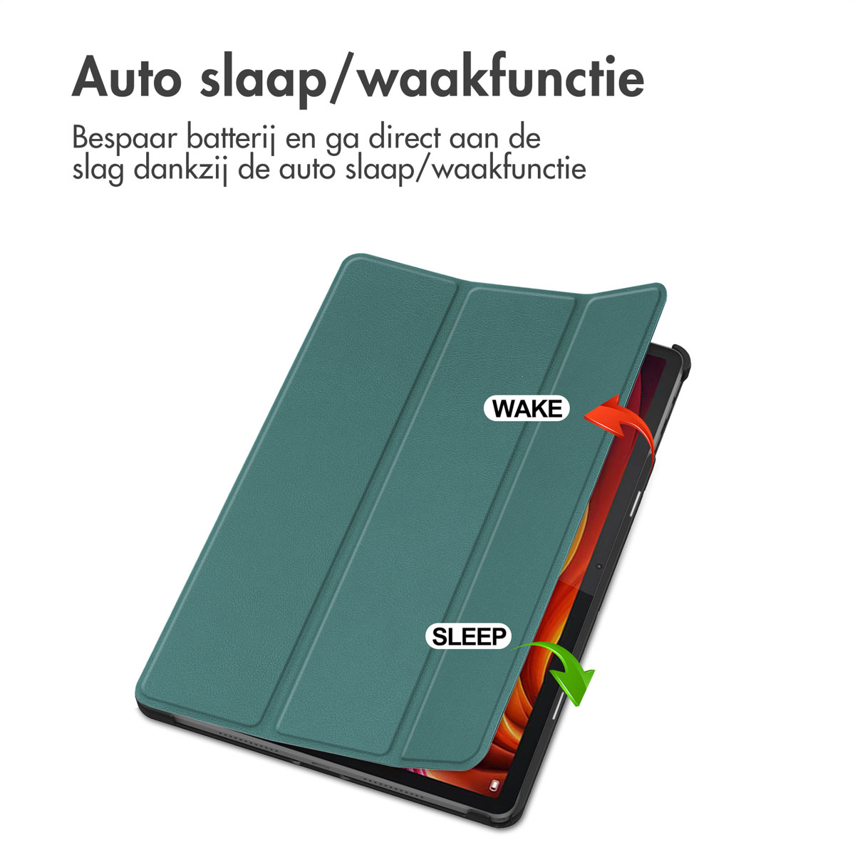 Green tablet case open. Text on the top, with 'WAKE' and 'SLEEP' labels.