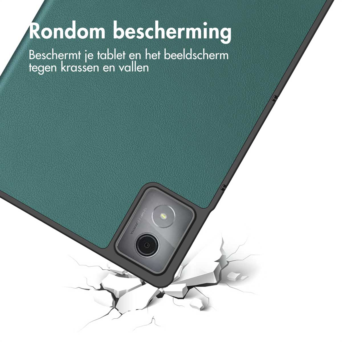 Close-up of a tablet case. The case is green, and is on top of a surface that appears to be breaking.